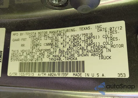 2012 Toyota Tacoma z USA, uszkodzony, nr VIN 5TFPX4EN2CX012815